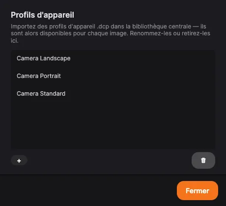La bibliothèque de profils d’appareil avec des profils DCP importés