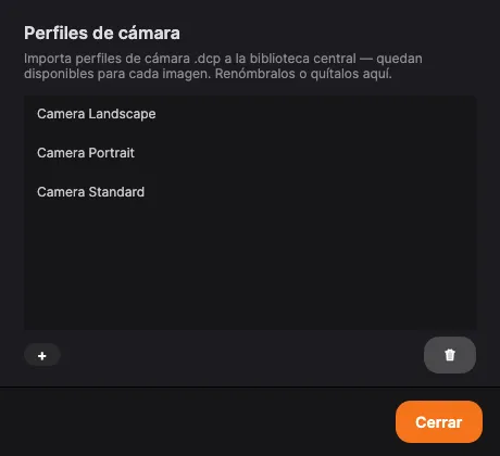 La biblioteca de perfiles de cámara con perfiles DCP importados