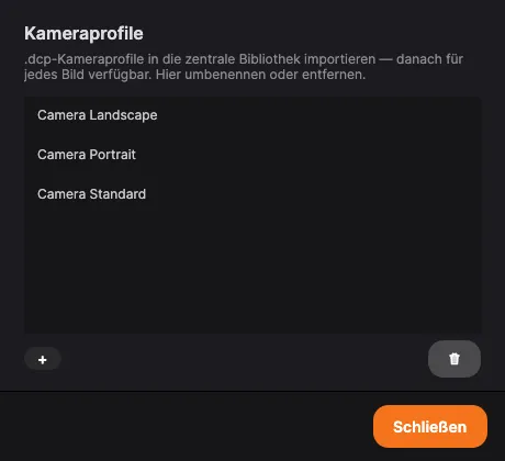 Die Kameraprofil-Bibliothek mit importierten DCP-Profilen