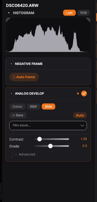 The Analog develop panel: convert, film type, base and film tone controls