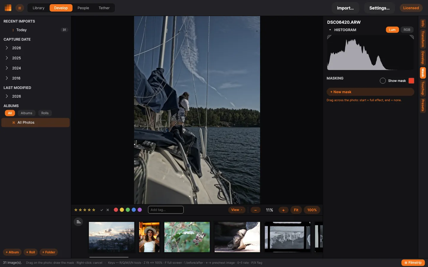Masking mode: the photo with the Masking panel and its drag hint