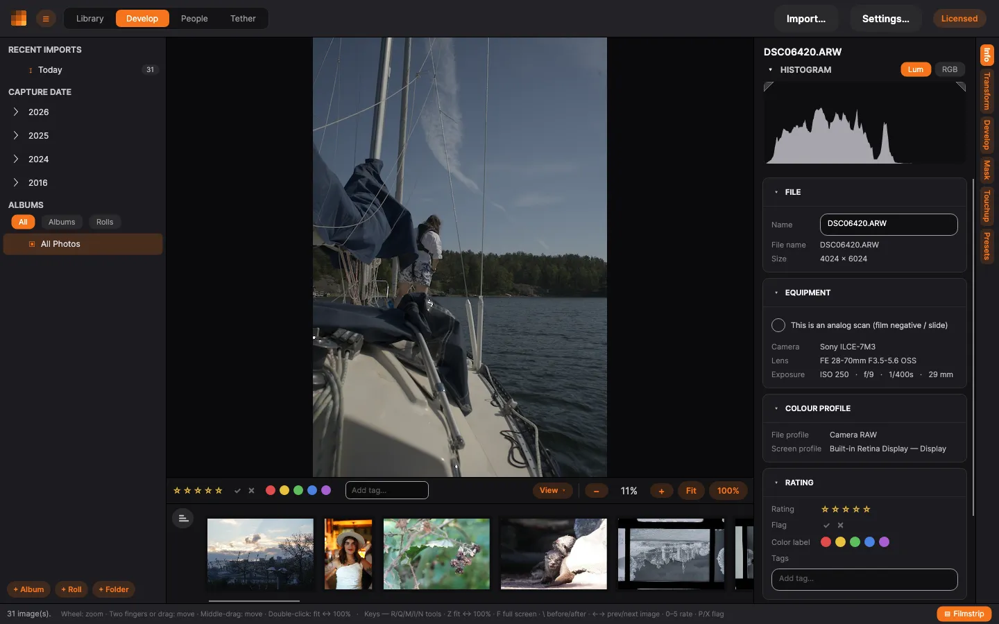 The Develop editor with a photo open and the Info panel showing