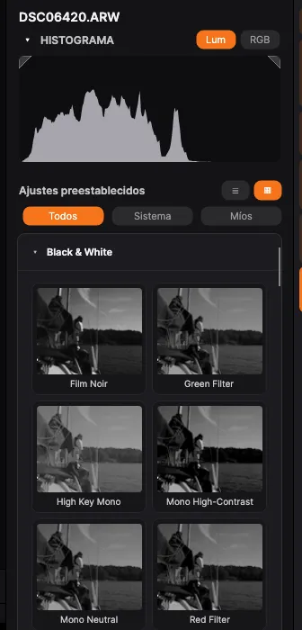 El panel Ajustes