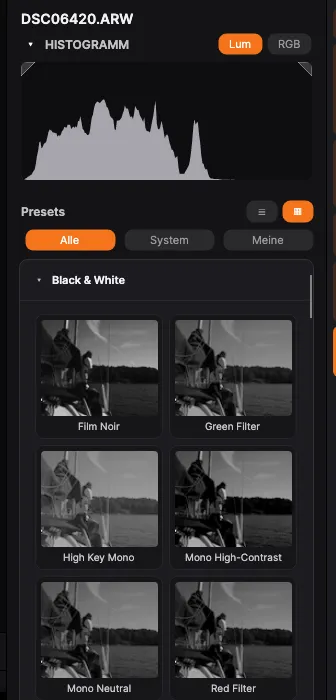 Das Presets-Panel