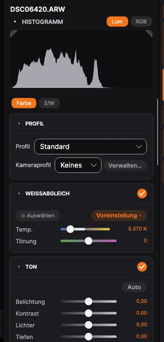 Das Entwickeln-Werkzeug: Profil, Weißabgleich, Tonwert-Regler und die Tonwertkurve