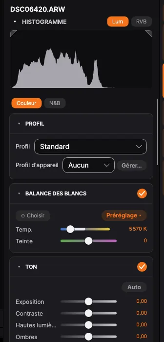 L’outil Développer : profil, balance des blancs, curseurs de tonalité et courbe de tonalité