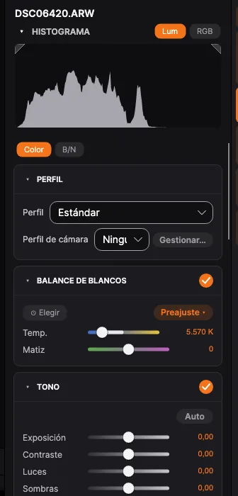 La herramienta Revelar: perfil, balance de blancos, controles de tono y la curva de tonos