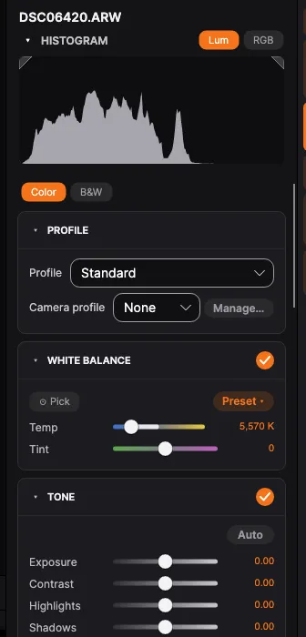 The Develop tool: profile, white balance, tone sliders and the tone curve