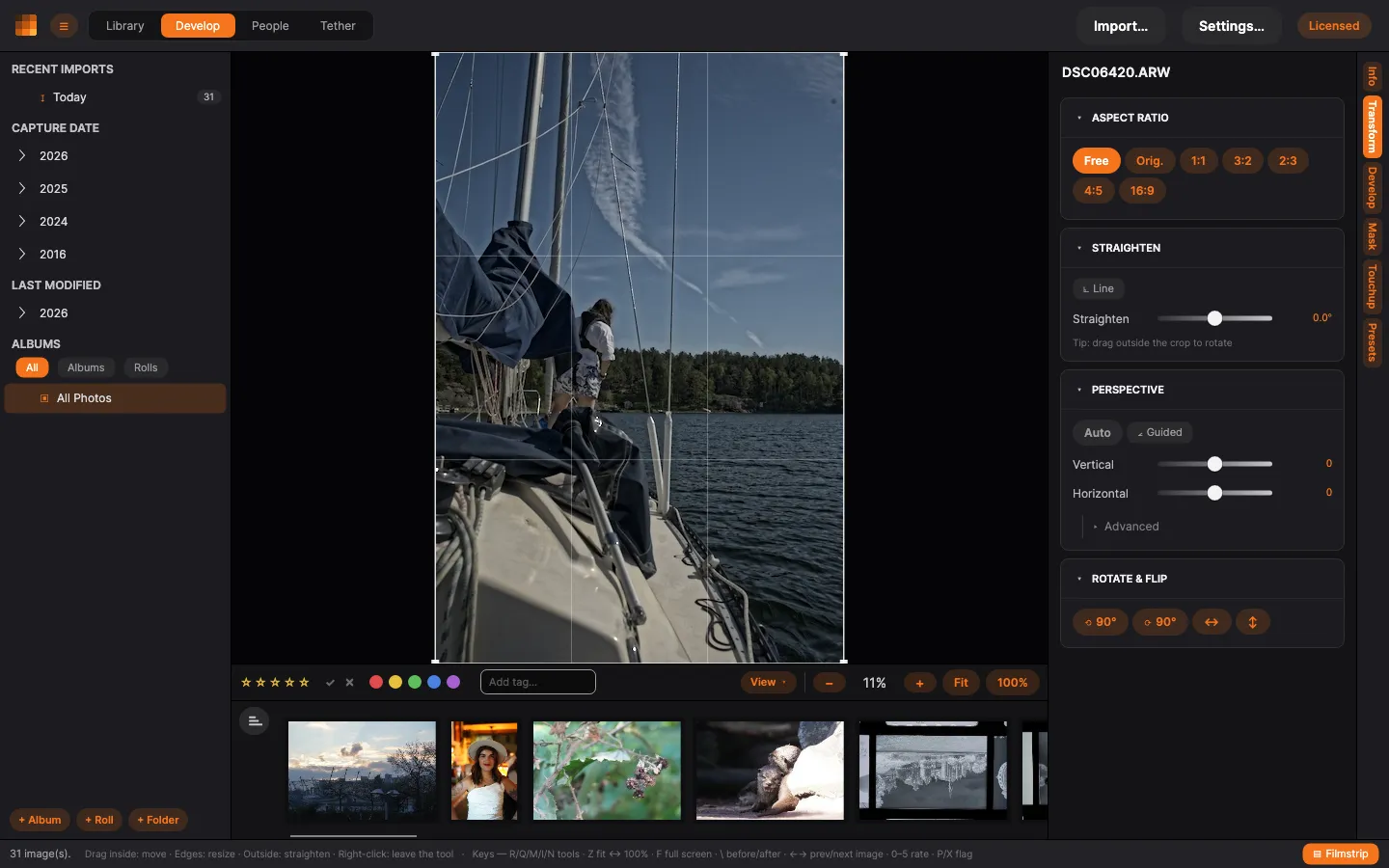 Transform mode: the crop overlay on the photo with the Transform panel