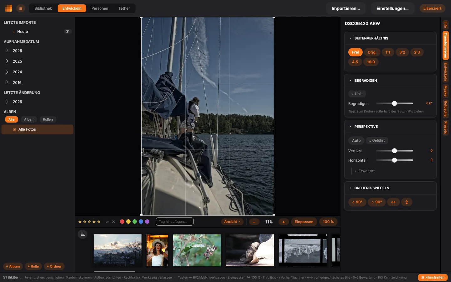 Transformieren-Modus: das Zuschneide-Overlay auf dem Foto mit dem Transformieren-Panel