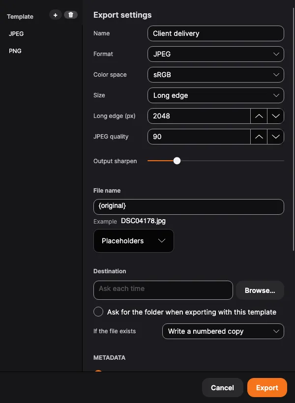 The export dialog: format and size, and the metadata block