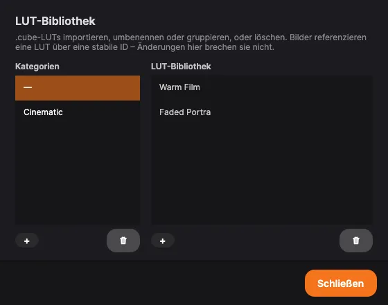 Die LUT-Bibliothek: Kategorien links, LUTs rechts