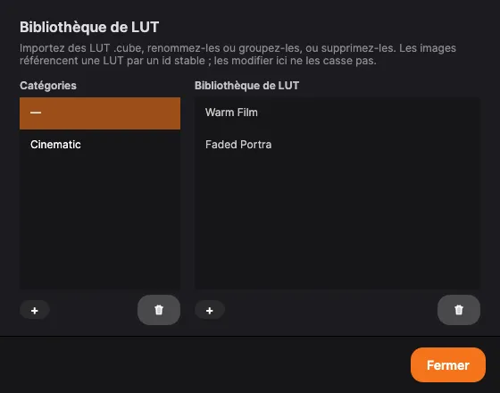 La bibliothèque de LUT : les catégories à gauche, les LUT à droite