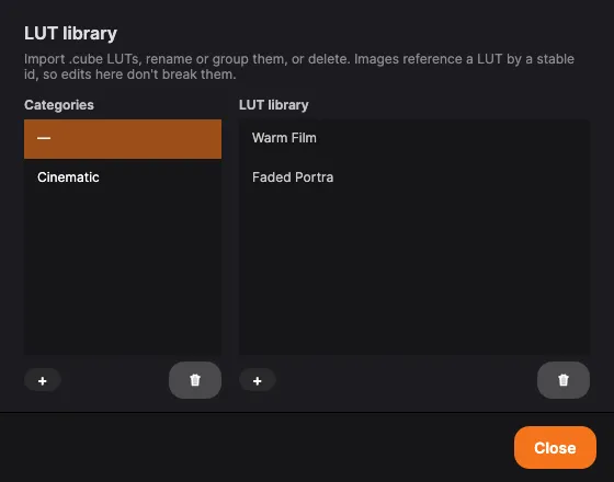 The LUT library: categories on the left, LUTs on the right