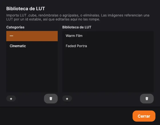 La biblioteca de LUT: las categorías a la izquierda, las LUT a la derecha