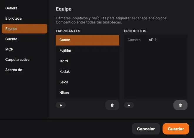 Ajustes → Equipo: las listas de selección de fabricantes y productos