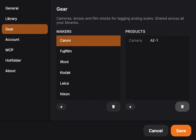 Settings → Gear: the makers and products pick-lists