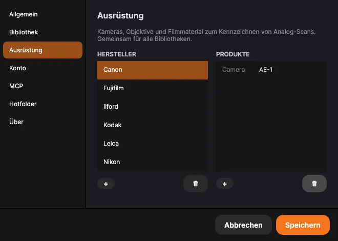 Einstellungen → Ausrüstung: die Auswahllisten für Hersteller und Produkte