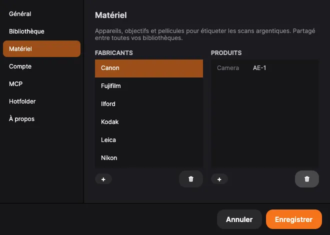 Réglages → Matériel : les listes de choix des marques et produits