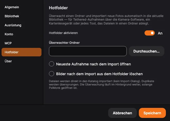 Einstellungen → Hotfolder: Aktivieren, überwachter Ordner und die Importoptionen