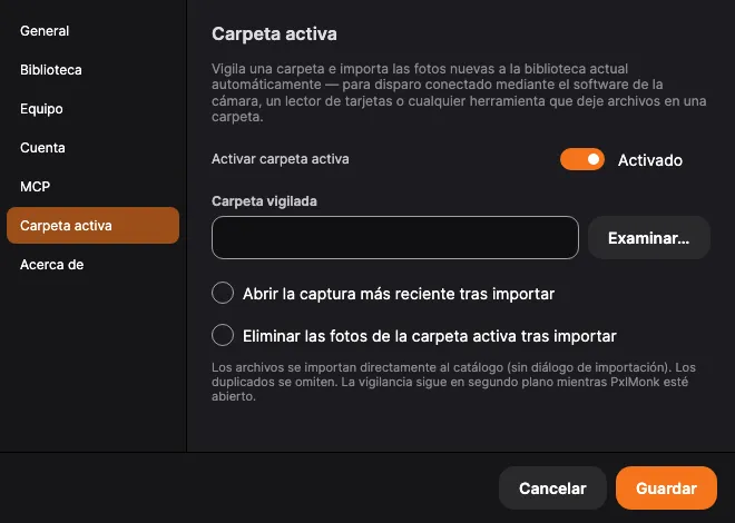 Configuración → Carpeta activa: activación, carpeta vigilada y opciones de importación