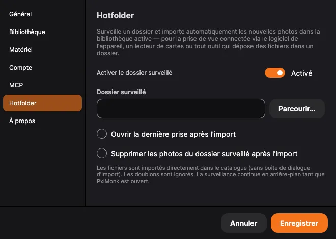 Réglages → Hotfolder : activation, dossier surveillé et options d’import