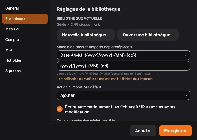 Réglages → Bibliothèque : bibliothèque actuelle, modèle de dossier et réglages d’import par défaut