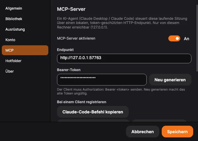 Einstellungen → MCP: Schaltflächen für Aktivieren, Endpunkt, Token und Registrieren