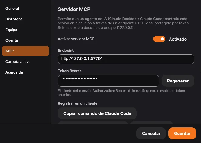 Ajustes → MCP: botones de activar, endpoint, token y registro