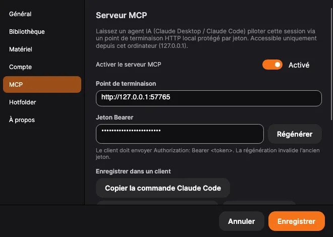 Réglages → MCP : boutons d’activation, point de terminaison, jeton et enregistrement
