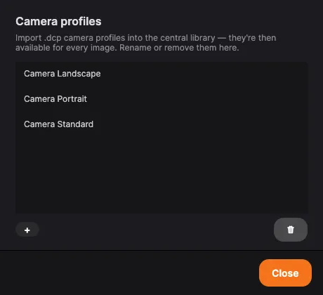 The camera-profile library with imported DCP profiles