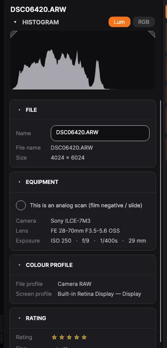 The Info panel: histogram, camera and lens, exposure, rating, flag, color label and tags
