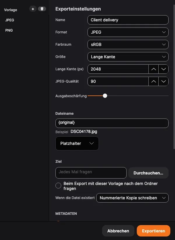 Der Export-Dialog: Format und Größe, dazu der Metadaten-Block