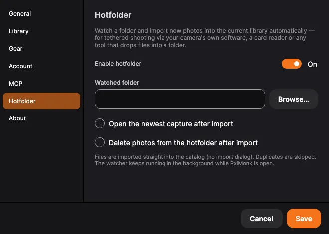 Settings → Hotfolder: enable, watched folder and the import options