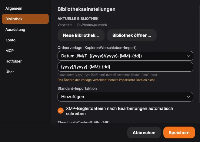 Einstellungen → Bibliothek: aktuelle Bibliothek, Ordnervorlage und Import-Standards