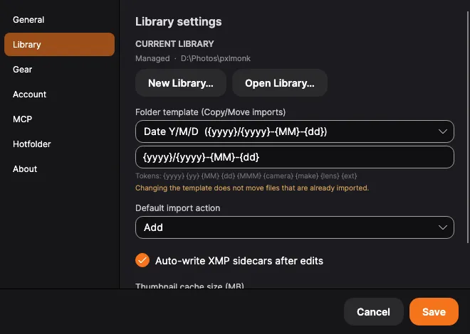 Settings → Library: current library, folder template and import defaults