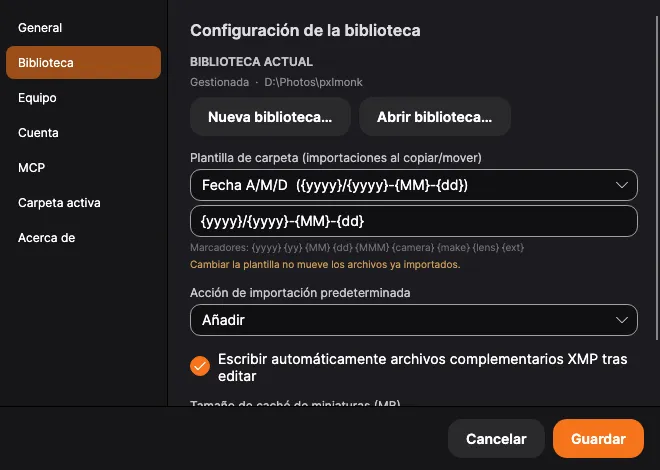 Configuración → Biblioteca: biblioteca actual, plantilla de carpeta y valores predeterminados de importación