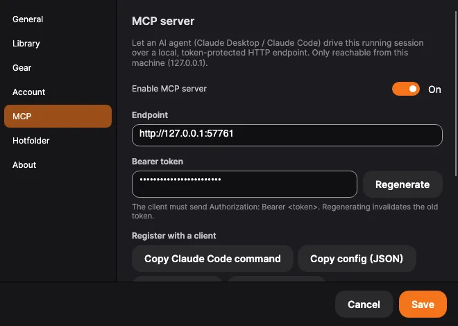 Settings → MCP: enable, endpoint, token and register buttons