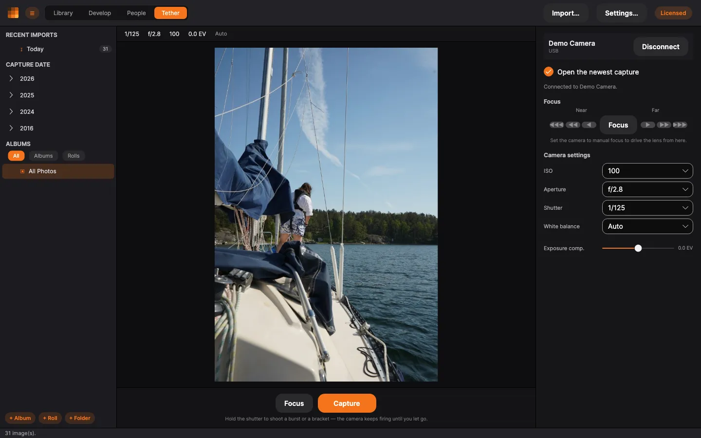 The Tether tab: live view, the camera’s settings, focus and the shutter