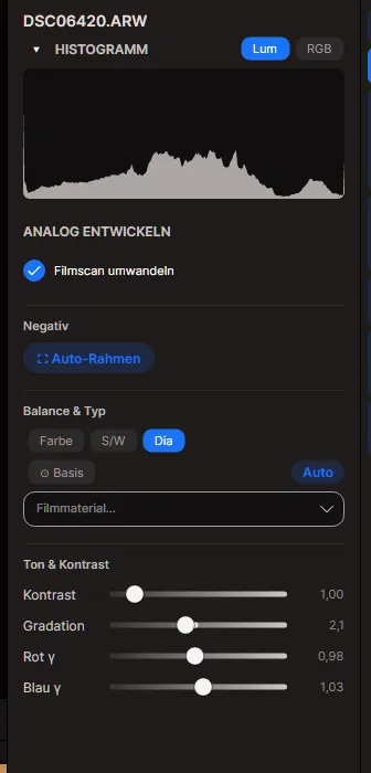Das Analog-entwickeln-Panel: Umwandlung, Filmtyp, Basis- und Film-Tonwertregler
