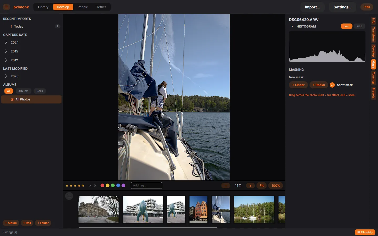 Masking mode: the photo with the Masking panel and its drag hint