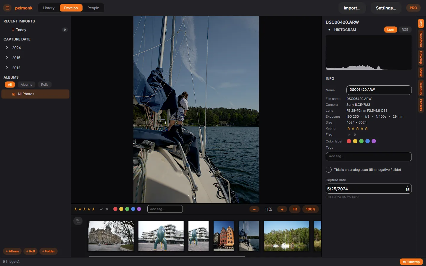 The Develop editor with a photo open and the Info panel showing