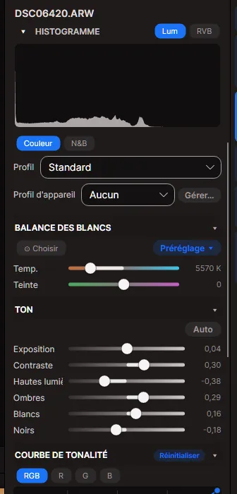 L’outil Développer : profil, balance des blancs, curseurs de tonalité et courbe de tonalité