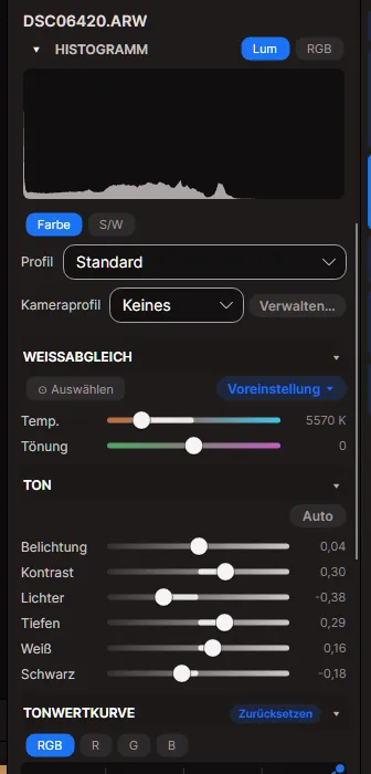 Das Entwickeln-Werkzeug: Profil, Weißabgleich, Tonwert-Regler und die Tonwertkurve