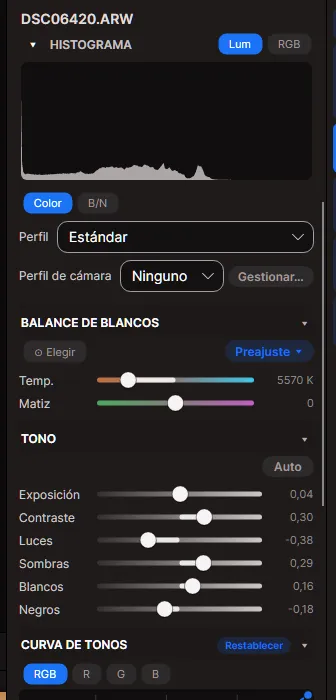 La herramienta Revelar: perfil, balance de blancos, controles de tono y la curva de tonos