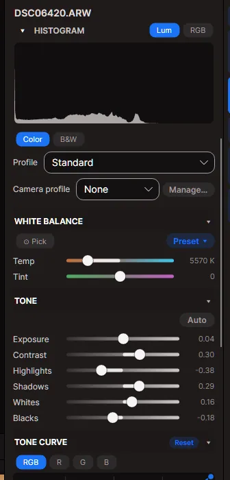 The Develop tool: profile, white balance, tone sliders and the tone curve