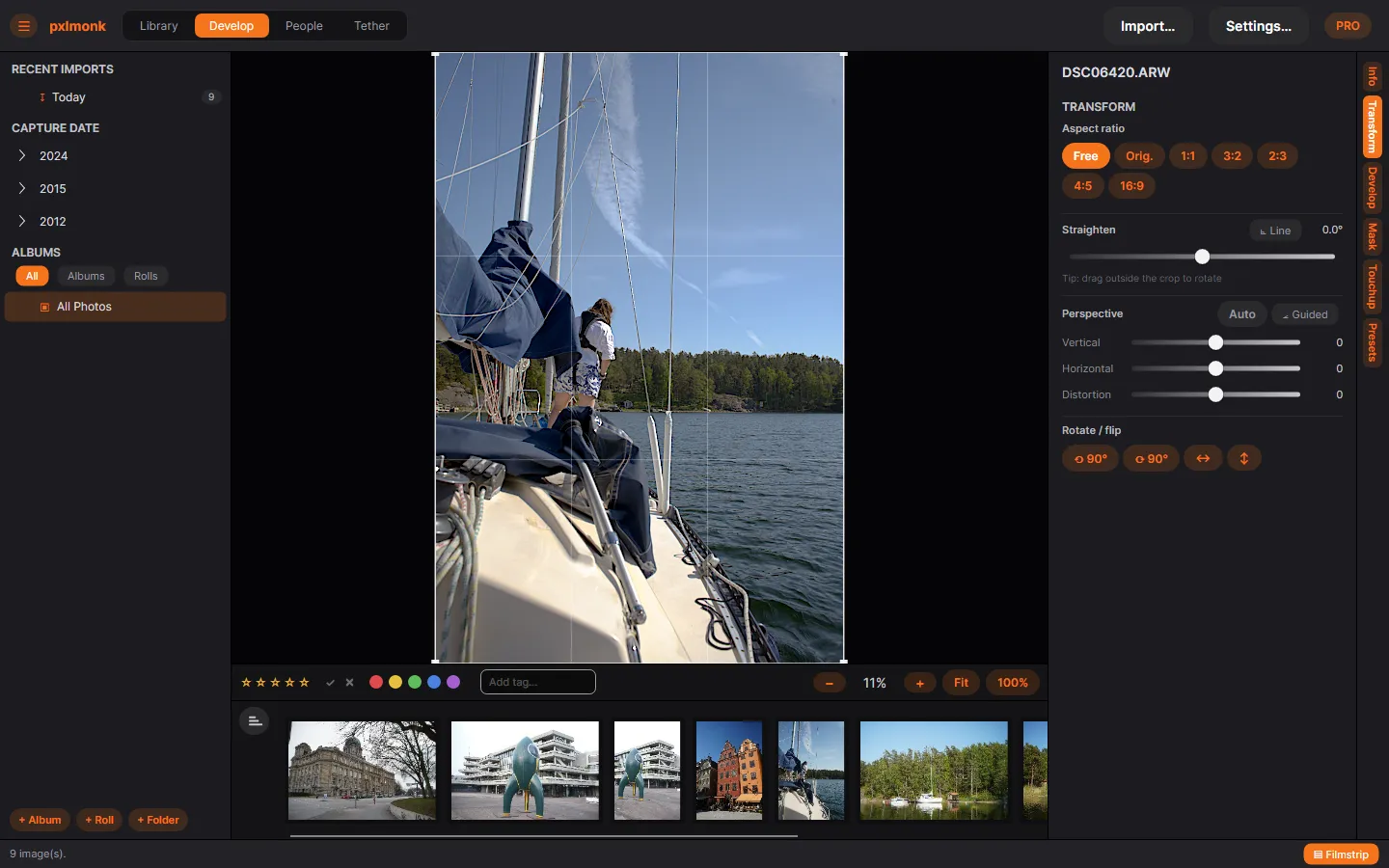Transform mode: the crop overlay on the photo with the Transform panel