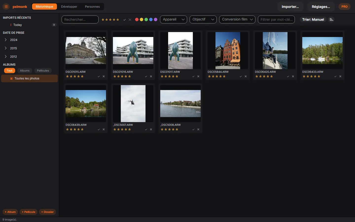 L’interface de pxlmonk en mode Bibliothèque : barre latérale, grille de photos et barre d’outils